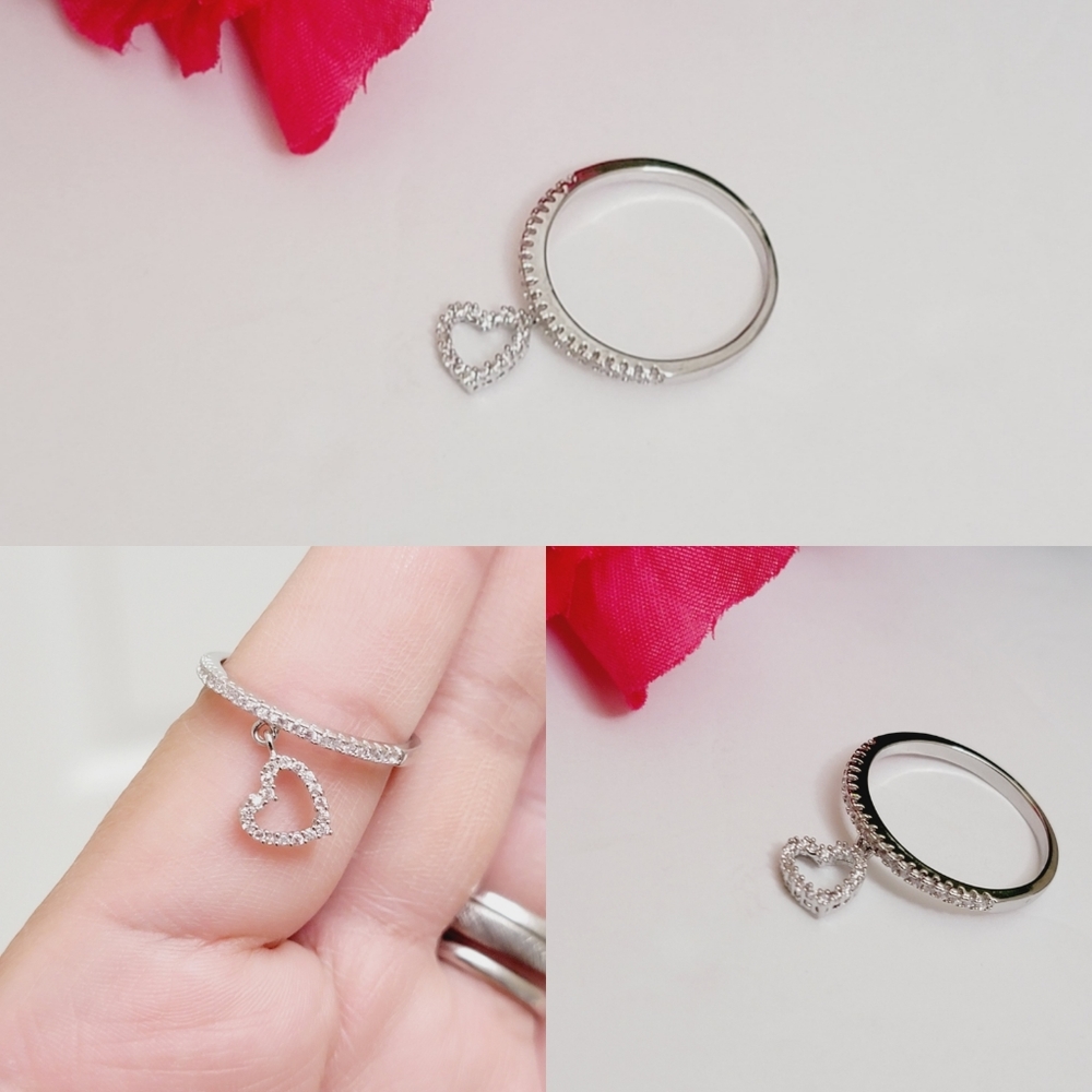 925 Silver Plated heart drop simulated diamonds stackable ring
